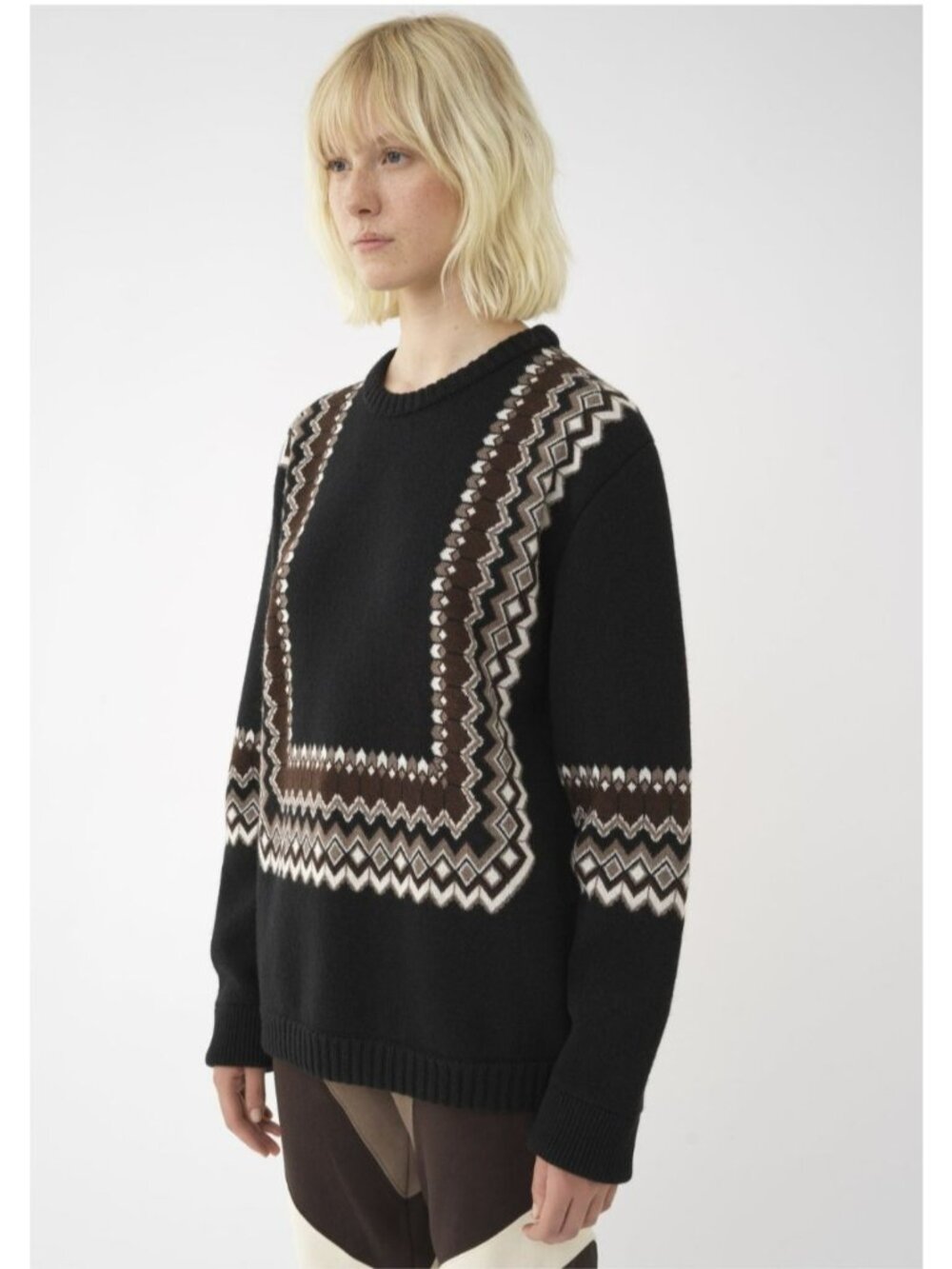 Chloe $1990 Wool Blend Jacquard Sweater Black Brown Crew Neck Fair Isle Fall - Picture 3 of 16